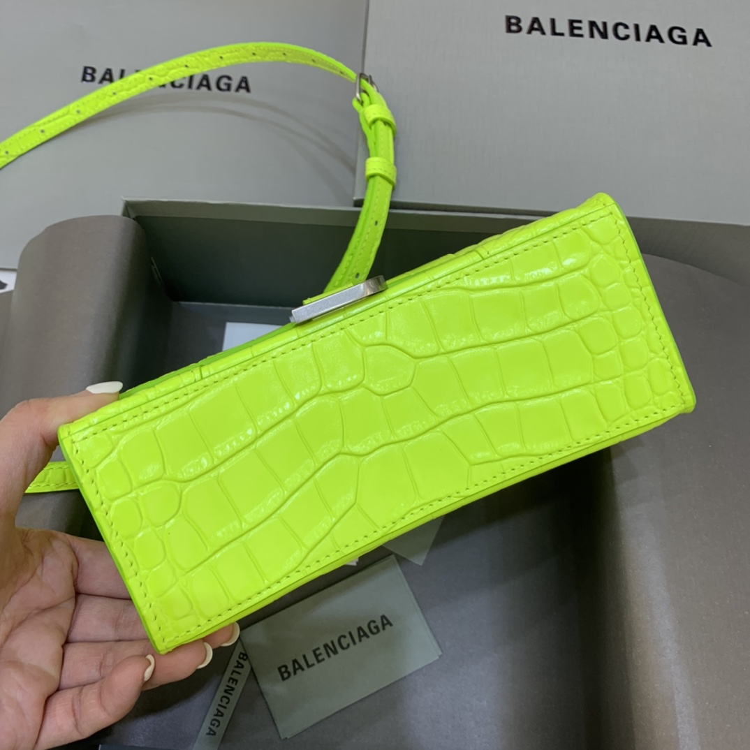 Balenciaga Hourglass XS Handbag Crocodile Embossed Shoulder Bag Lemon Yellow